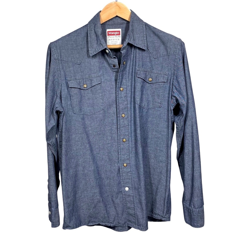 Wrangler Mens Blue Chambray Western Pearl Snap Long Sleeve Shirt Sz M *READ